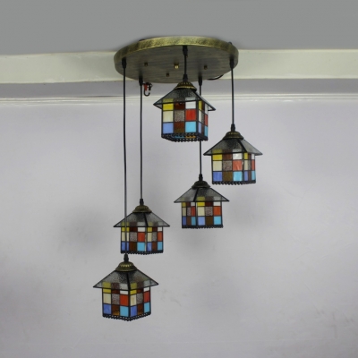 Colorful House Shade Hanging Lamp 5 Heads Tiffany Rustic Stylish Glass Pendant Light for Hotel