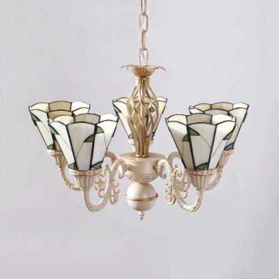 Cone Shade Dining Room Chandelier with Leaf Glass 5 Lights Rustic Style Pendant Light in Beige