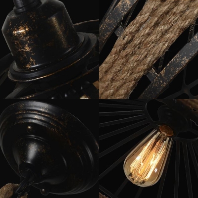 Conical Cage Restaurant Pendant Light Metal & Rope 1 Light American Rustic Pendant Lamp in Beige