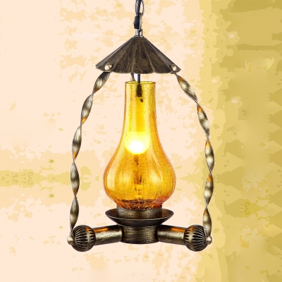 Cracked Glass Kerosene Hanging Light Restaurant 1 Light Antique Stylish Pendant Light in Heritage Brass