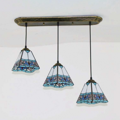 Cone/Dome Pendant Light Stained Glass 3 Heads Tiffany Vintage Island Light in Heritage Brass