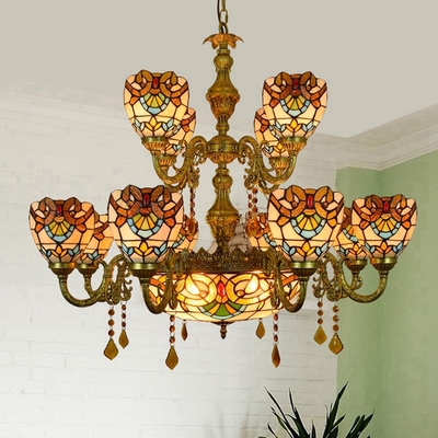 Dome Shade Hanging Lamp 15 Lights Tiffany Style Stained Glass Hanging Lamp with Crystal for Villa