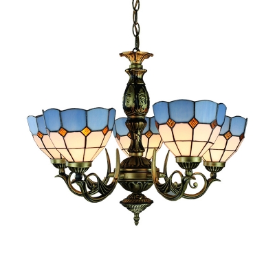 Dome Shade Shop Hanging Lamp Stained Glass 5 Lights Tiffany Style Nautical Chandelier in Blue