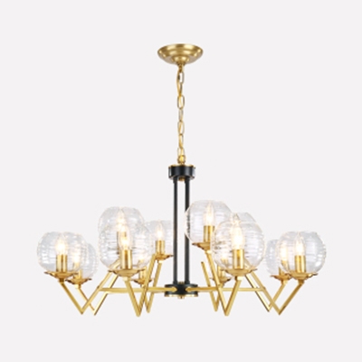 Elegant Style Candle Chandelier Metal Ridged Glass 9/12/15 Heads Gold Pendant Lamp for Living Room
