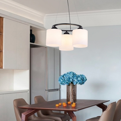 Frosted Glass Cylinder Suspension Light Dining Room 3 Lights Traditional Hanging Light in White