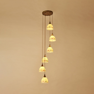 Glass Bowl Shade Hanging Light 6/12 Lights Traditional Pendant Lamp in White for Swirled Stair