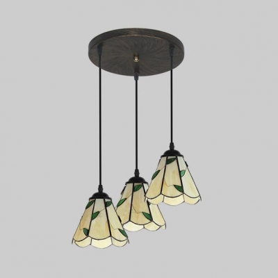 Glass Conical Shade Pendant Lamp with Green Leaf 3 Lights Tiffany Rustic Island Light in Beige