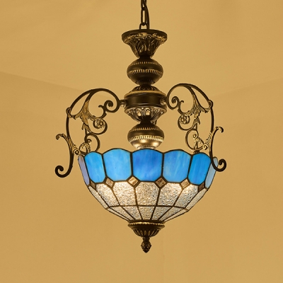 Glass Domed Shade Hanging Light 2 Lights Tiffany Style Vintage Carved Ceiling Lamp for Hallway