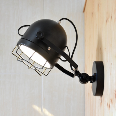 Hallway Foyer Bowl Wall Light Metal 1 Head Industrial Black Rotatable Sconce Light with Wire Frame
