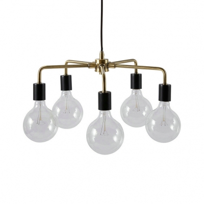 Industrial Brass Pendant Lamp Bare Bulb 5 Lights Clear Glass Chandelier Light for Living Room