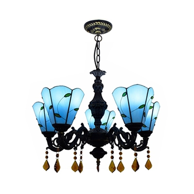 Living Room Cone Chandelier with Leaf Glass 5 Lights Antique Style Beige/Blue Pendant Light