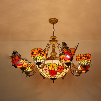 Living Room Flower Chandelier with Butterfly Stained Glass 9 Lights Rustic Style Ceiling Pendant
