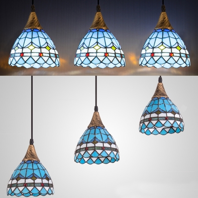 Mediterranean Style Blue Suspension Light Domed Shade 3 Lights Stained Glass Hanging Light for Bar