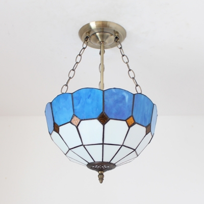 Mediterranean Style Domed Pendant Light Art Glass Chandelier in Blue for Bedroom Hallway