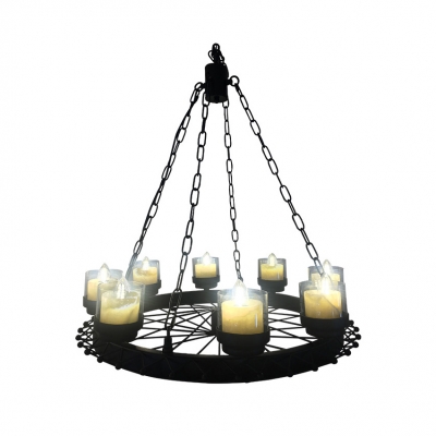 Metal Candle Chandelier with Wheel Cafe 8 Lights Industrial Suspension Light in Matte Black