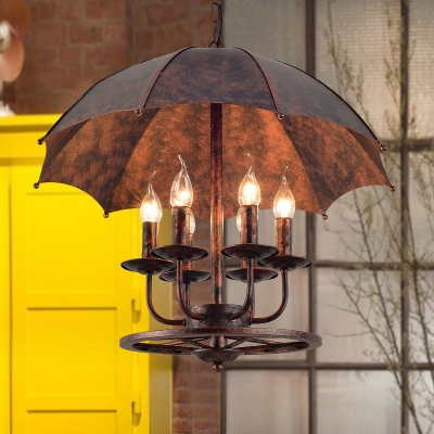 Metal Candle Pendant Light with Umbrella Shade 6 Lights Antique Chandelier in Rust for Bar