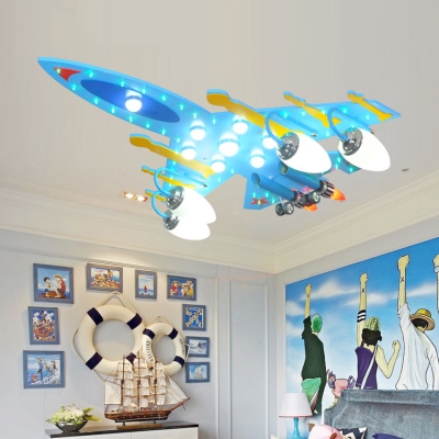 Modern Light Blue Ceiling Mount Light Airplane 4 Heads Glass Ceiling Lamp with White Lighting for Teen