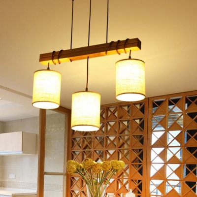 Modern Style Cylinder Linear Chandelier 2/3 Lights Fabric & Wood Hanging Light in Beige