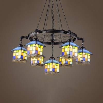 Multi-Color House Shade Chandelier 7 Lights Tiffany Style Antique Glass Ceiling Light for Shop