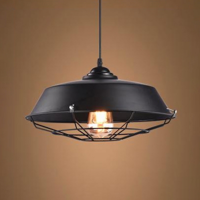 One Head Barn Hanging Lamp with Wire Frame Retro Loft Metal Pendant Light in Black for Kitchen