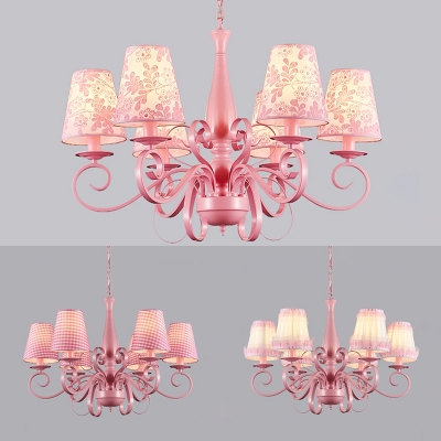 Pink Flower/Lace/Plaid Chandelier with Tapered Shade 6 Lights Metal Hanging Light for Hotel