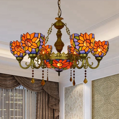 Restaurant Flower Chandelier Stained Glass 7 Lights Rustic Style Pendant Lamp with Crystal