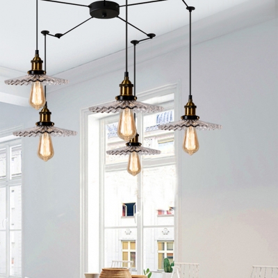 Retro Loft Scalloped Edge Pedant Lamp 3/5 Lights Clear Glass Ceiling Lamp in Brass for Living Room