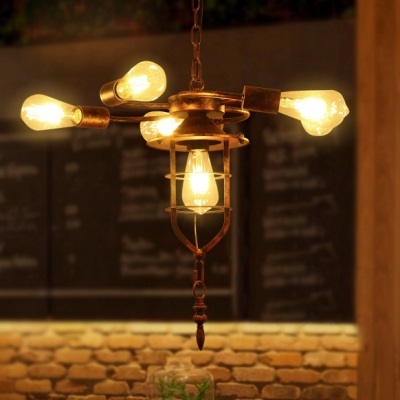 Rust Curved Arm Chandelier with Bare Bulb 6 Lights Antique Style Metal Suspension Light for Restaurant