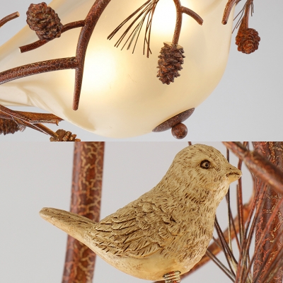 Rustic Bell Shade Hanging Light Frosted Glass 3 Lights Chandelier with Bird & Pine Cone for Balcony