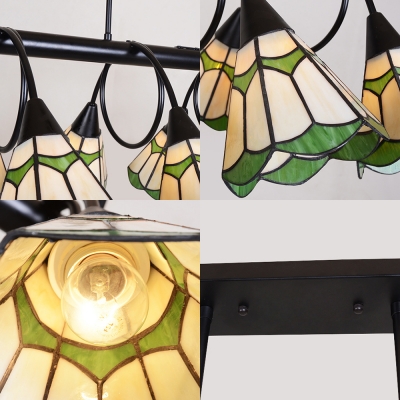 Rustic Style Beige Chandelier Cone Shade 8 Lights Glass Hanging Light with Leaf for Living Room
