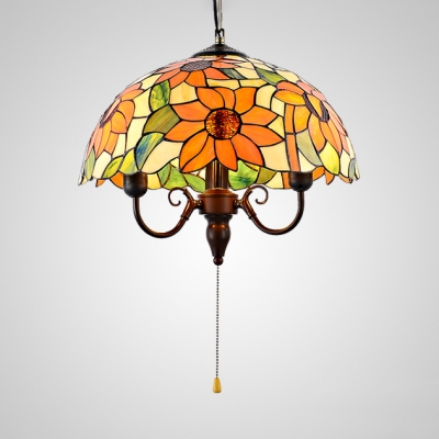 Rustic Sunflower Pendant Lamp Dome Shade & Pull Chain Stained Glass 3 Lights Ceiling Light for Hallway