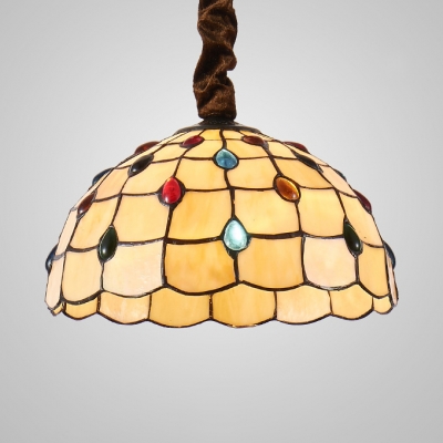 Scalloped Bedroom Hanging Light with Colorful Jewelry 1 Light Tiffany Ceiling Lamp in Beige