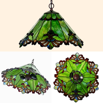 Stained Glass Cone Pendant Light 2 Lights Tiffany Antique Ceiling Lamp for Study Room