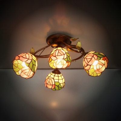 Stained Glass Rose Semi Flush Mount Light 4 Lights Tiffany Rustic Ceiling Lamp for Bedroom
