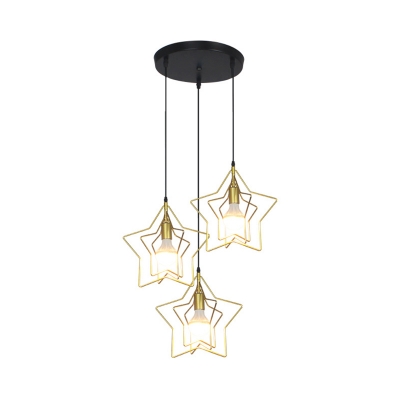 Star Cage Restaurant Pendant Lamp Metal 3 Lights Antique Linear/Round Canopy Ceiling Light in Gold