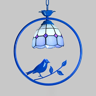 Study Room Conical/Domed Hanging Light Metal 1 Light Tiffany Style Blue Ceiling Pendant with Bird
