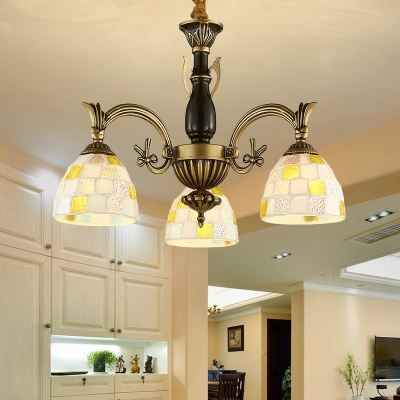 Tiffany Style Antique Dome Chandelier 3 Lights Glass Pendant Light in White for Bathroom