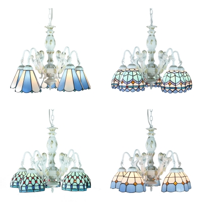 Tiffany Style Cone/Dome Chandelier Art Glass 5 Lights Blue Suspension Light for Dining Room