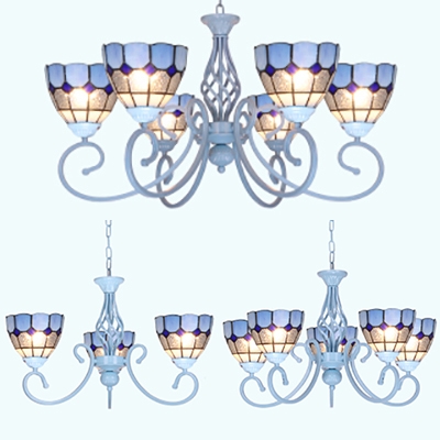 Tiffany Style Dome Chandelier 3/5/6 Lights Stained Glass Pendant Lamp in Blue for Bedroom