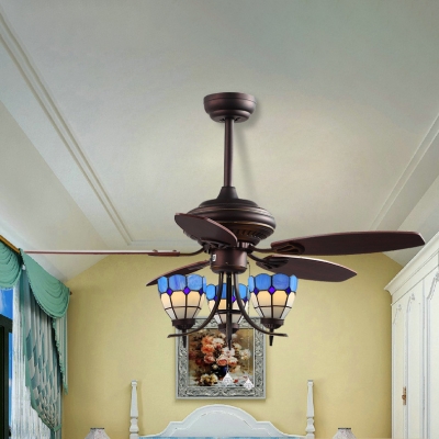 Vintage Grid Bowl Ceiling Fan Metal 3 Lights Bronze Ceiling Fixture with Crystal for Living Room