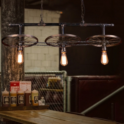 Wheel & Chain Restaurant Pendant Lamp Metal 3 Lights Industrial Hanging Light in Rust