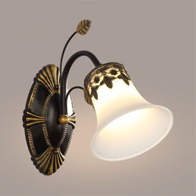 White Bell Shade Sconce Light 1/2 Lights Traditional Frosted Glass Wall Lamp with Leaf for Foyer