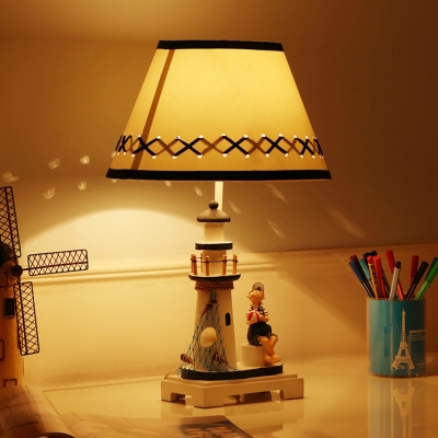 White Lighthouse LED Desk Light Dimmable 1 Light Nautical Style Fabric Nightlight for Bedroom