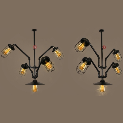 Wire Frame Cafe Hanging Light with Water Pipe Metal 5 Light Industrial Chandelier in Black
