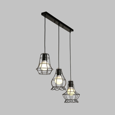 Wire Frame Hanging Lamp 3 Lights Antique Style Linear/Round Canopy Ceiling Light in Black for Bar