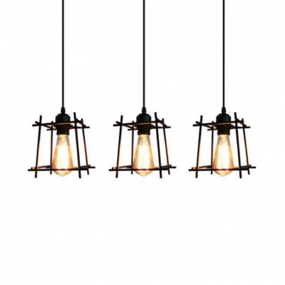 Wire Frame Suspension Light 3 Lights Industrial Ceiling Lamp with Linear Canopy in Black/White for Kitchen