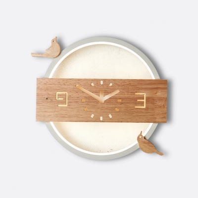 Wood Clock Bird LED Sconce Light Living Room Nordic Style Candy Colored Ceiling Light in Warm White/White