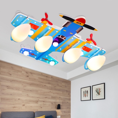 Wood Propeller Airplane Flush Mount Light Modern Style LED Ceiling Light in Blue for Kid Bedroom