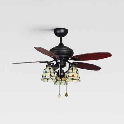 3 Lights Bell Ceiling Fan with 5 Blade Remote Control Tiffany Glass Semi Flush Mount Light for Dining Room