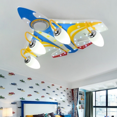 4 Lights Airplane Semi Ceiling Light Kids Wood Bluetooth Ceiling Lamp in Blue with White Lighting
